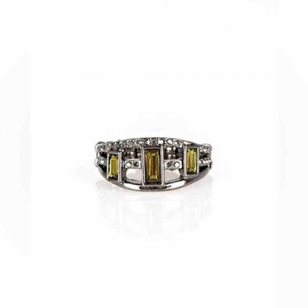 *Three green emerald-cut rhinestones and gunmetal ring.